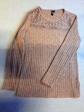 Automet Women's Ribbed Long Sleeve Top with Crochet Lace Neckline, Size S